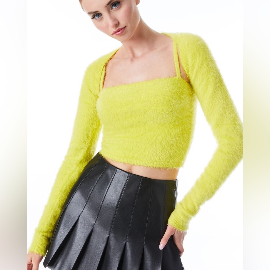 Nwt Alice + Olivia Luetta Fuzzy Top & Shrug - Citron
